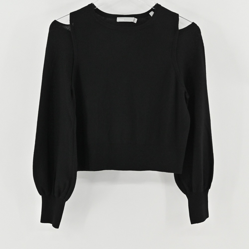 Vince Cold Shoulder Merino Wool Sweater Womens Size XS Black Balloon Sleeve Cozy